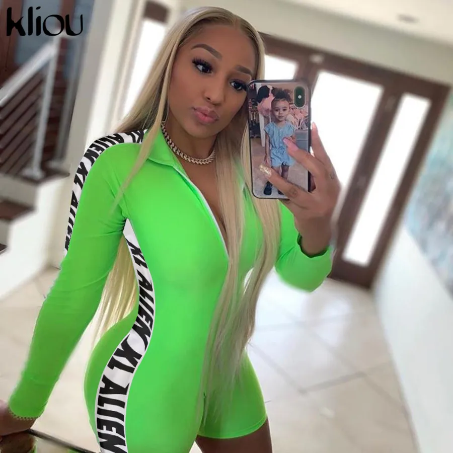 Prix Kliou femmes mode combishort fermeture éclair manches longues col roulé skinny barboteuses 2019 lettre imprimer sur le côté femme court body