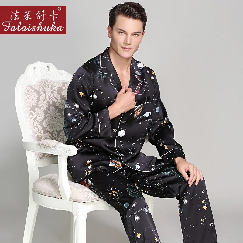 100% Silk Man Pajamas Romantic Starry Sky Printed Long-Sleeve 19 MM Sleepwear Male Two-Piece Silkworm Silk Pyjama Sets T9020