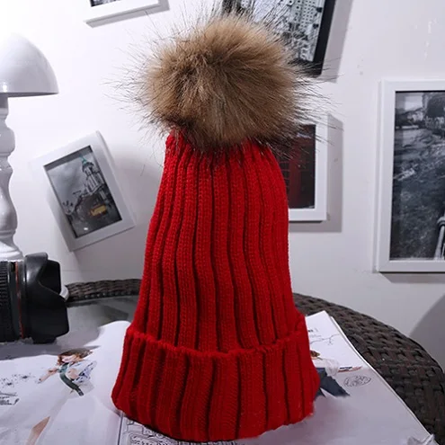 Women Fashion Winter Hat Cute Hairball Decor Beanie Thick Warm Knitted Cap