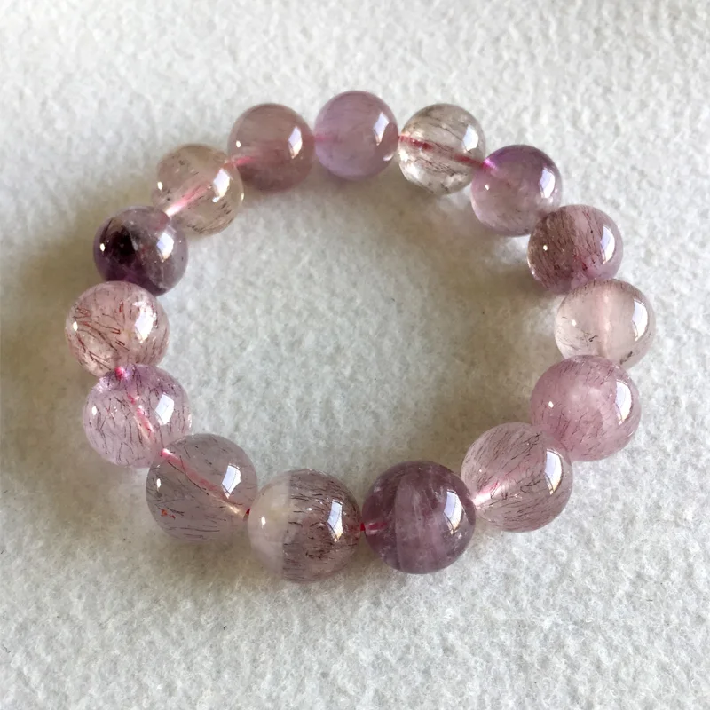 

Natural Genuine Pink Purple Hair Crystal Multi Colors Mix Super 7 Seven Bracelet Round Melody Stone Big Beads 14mm