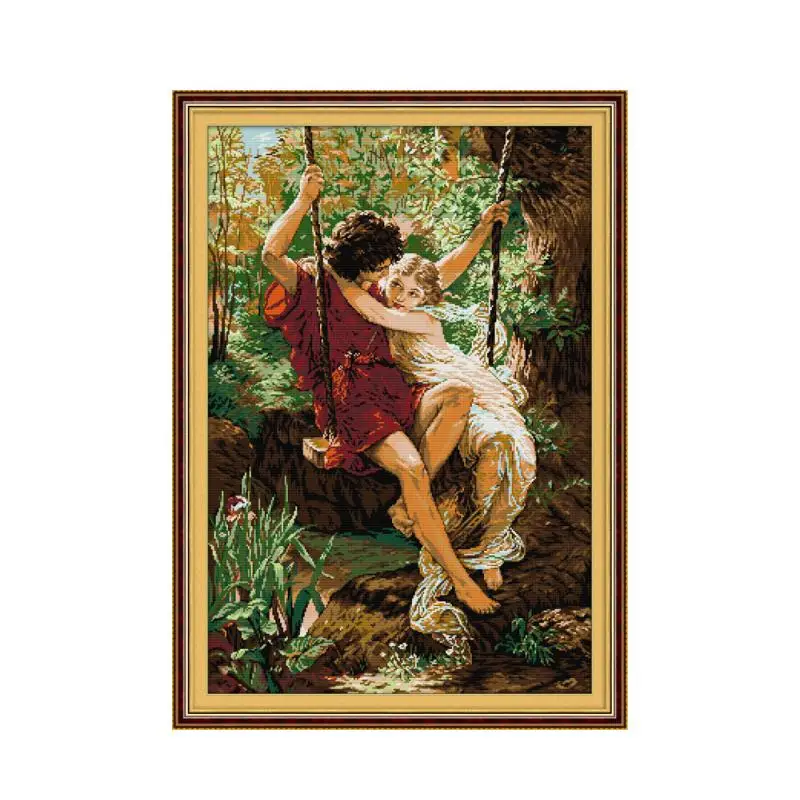 

Character Series 11CT 14CT Chinese Cross Stitch Kit, Couple Swinging Good Time European Style Handmade Sewing