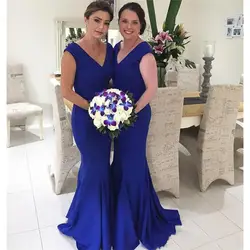 Королевское синее платье подружки невесты в стиле русалки 2019 V шеи длиной до пола эластичные атласные Длинные свадебные праздничные платья
