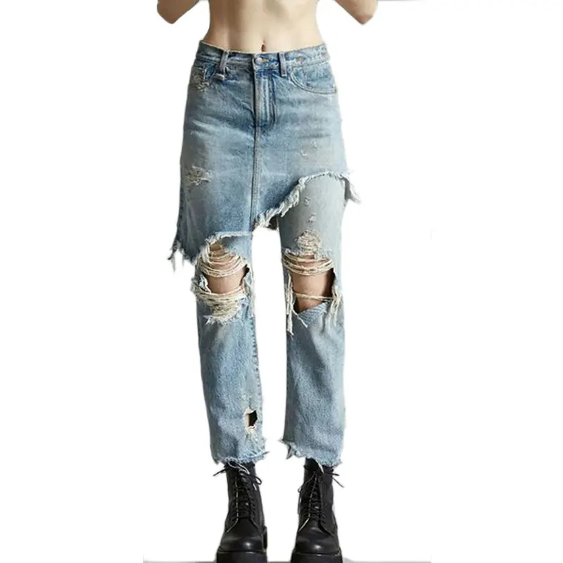 Denim нерегулярные Джинсы 2017 женская обувь Винтаж выдалбливают Ripped свет синие