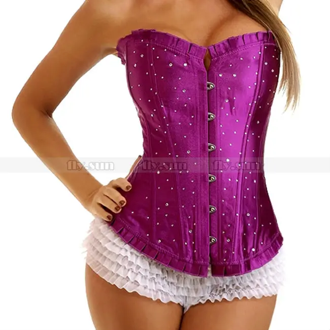 Purple Satin Rhinestones Corset Lace Up Boned Overbust Bustier Sexy