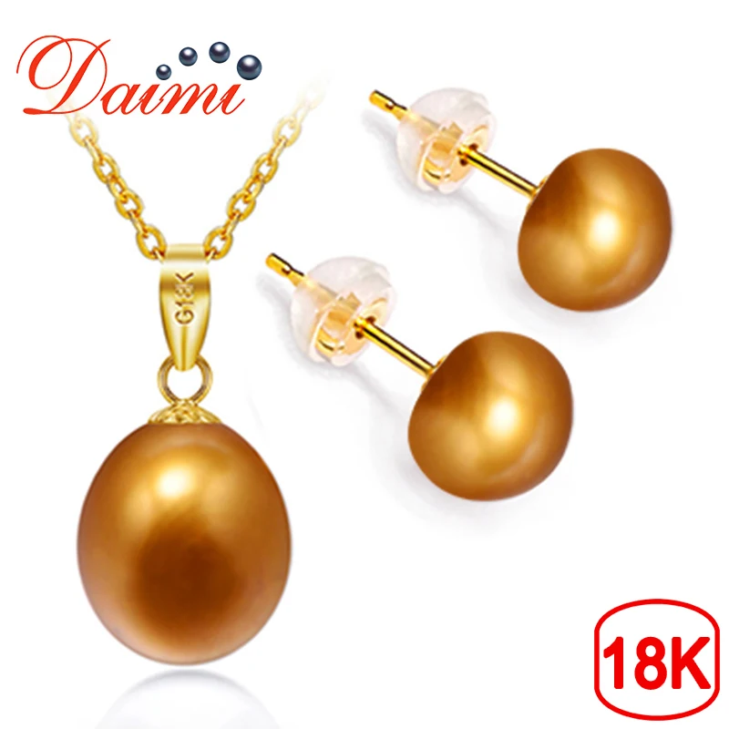 

DAIMI Jewelry Set Freshwater Pearl Pendant Necklace Earring 18K Yellow Gold Set Fine Jewelry