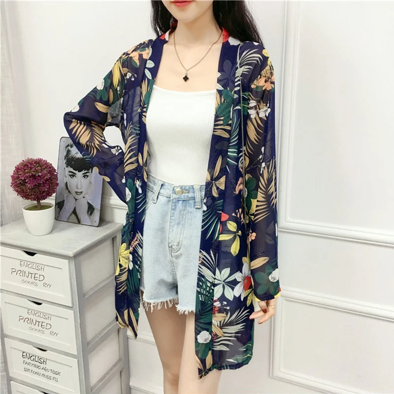 

Lady Chiffon beach cape Casual Tunic Floral Print Otransparente Boho Cardigan Women Summer long Sleeve Kimono 2019 Plus Size Top