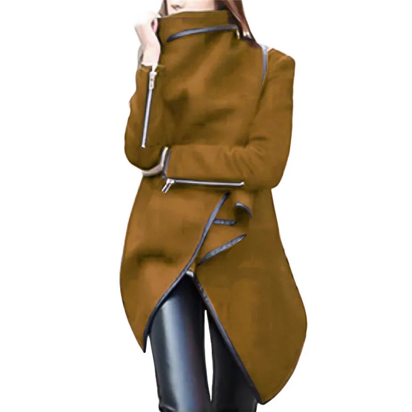  2019 New Women Autumn Winter irregular Bow Zippers Sleeve Long Warm Coat Wool Jacket Parka Windbreaker #4M21 (5)