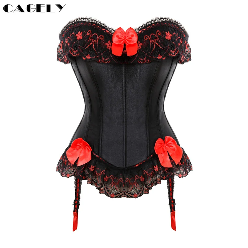 Black Satin Corset with Suspenders Ruffles & Bows Lingerie Sexy