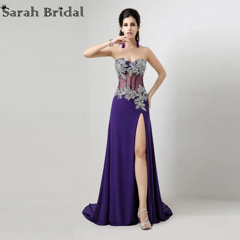 

Real Pictures Elegant A Line Split Front Sweetheart Long Evening Dresses With Crystals In Stock longo AJ023RB