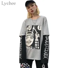 Lychee Harajuku японский Junji Ito аниме принт Женская футболка поддельные 2 шт o-образным вырезом с длинным рукавом Повседневная Свободная Женская футболка
