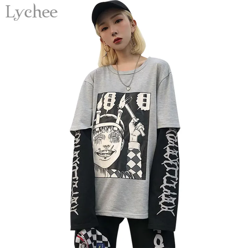 

Lychee Harajuku Japanese Junji Ito Anime Print Women T-Shirt Fake 2 Pieces O-Neck Long Sleeve Casual Loose Female T-shirt