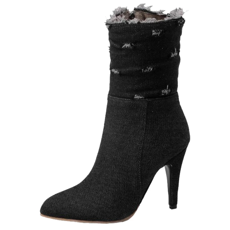Femmes pu Zip Court Grande Mode Bottes Noir Stiletto bleu Avec Point Ciel A954 Chaussures Mi Élégantes mollet Toe Taille En Peluche Chelsea Sjjh 2018 Denim qwgFg5C