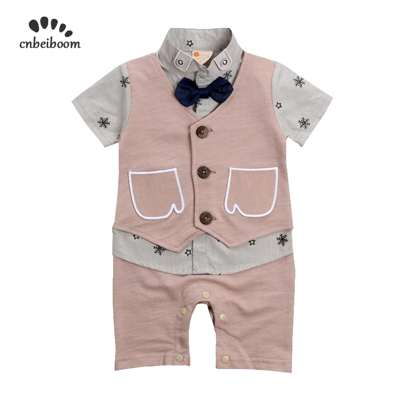 1st Baby boys romper clothes newborn short sleeve gentleman bow tie shirt vest rompers boy