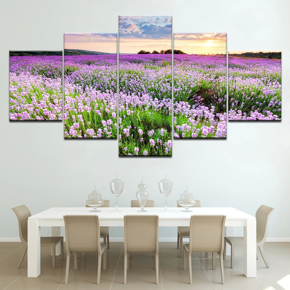 Wall Art Canvas Painting 5 Pieces Modular Purple Lavender Field