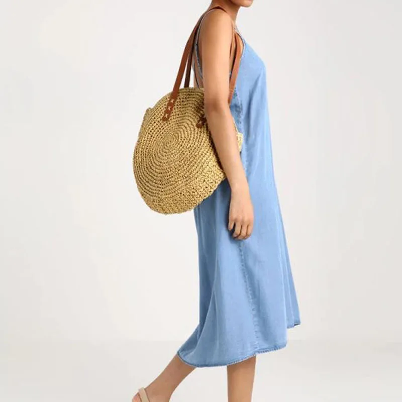Новая натуральная женская сумка большая ручная тканая большая соломенная сумка круглая популярная Соломенная женская сумка на плечо пляжная сумка для отдыха