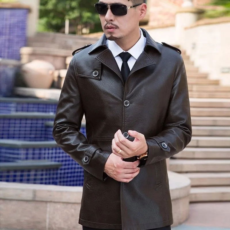 Кожаная куртка мужская стиль business casual утолщение средней длины тонкий кожаный ветровка среднего возраста пальто кожаная человек