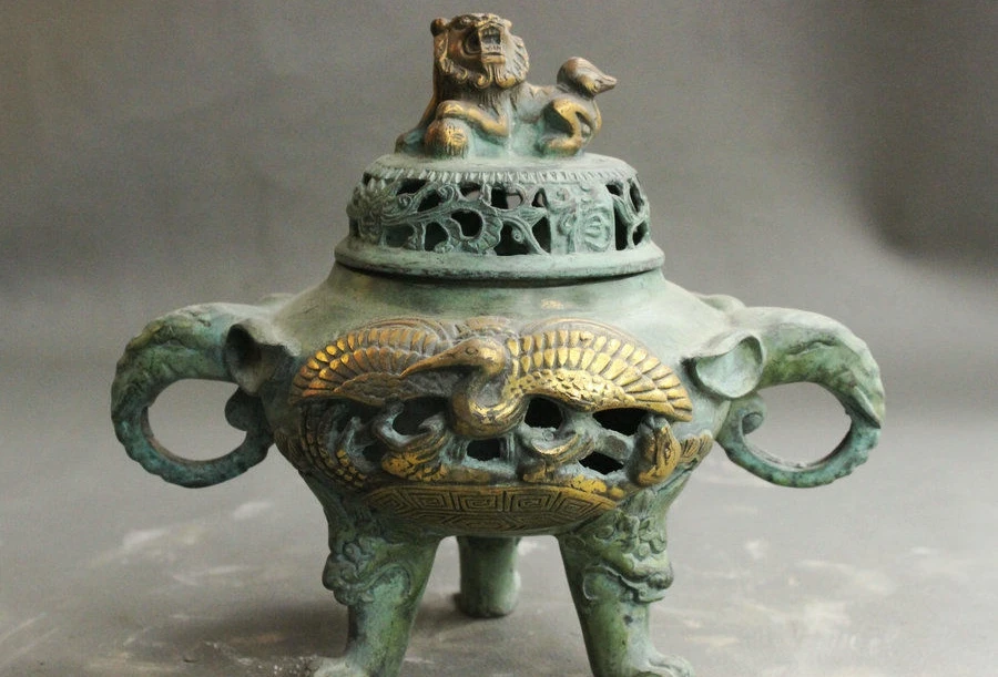 

8" Old Folk China Bronze Gilt Fly Crane Lion Elephant Head Incense Burner Censer