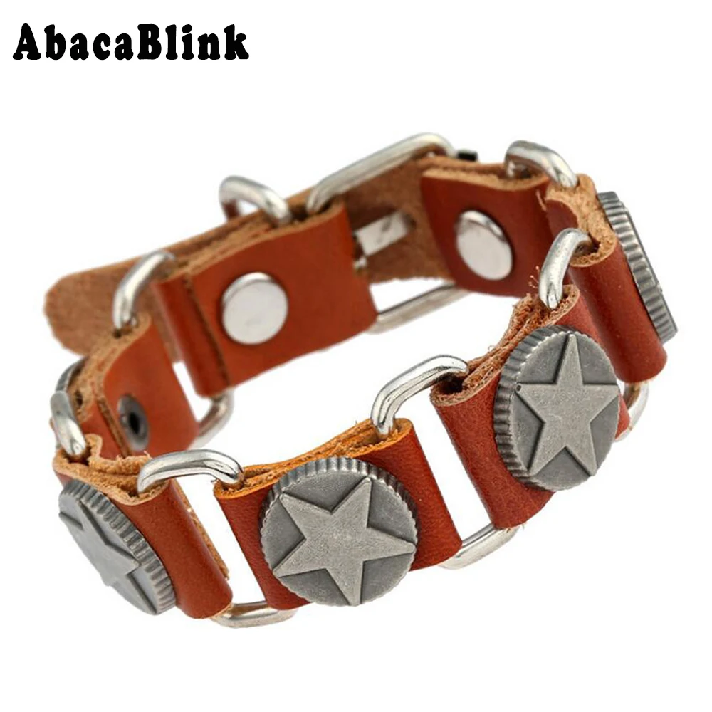 Genuine Leather Men Bracelet Punk Rock Style Star Pattern Charm