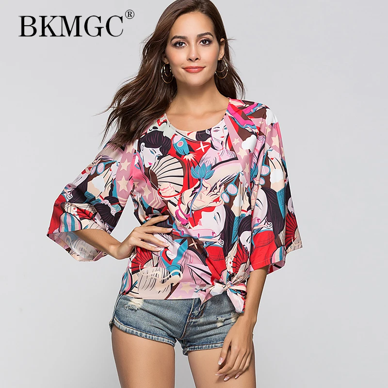 

BKMGC Women Casual T Shirt Summer Printing Top Tee Shirts 2019 New Polyester Leisure Flare Sleeve Clothing