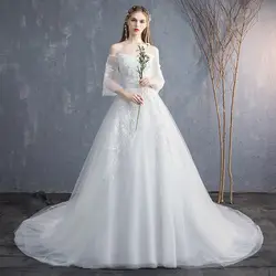 Винтаж v-образным вырезом Бисер цветок кружева Vestidos De Novia плеча Off-Line Макси Свадебные платья с длинным рукавом mariée свадебное платье