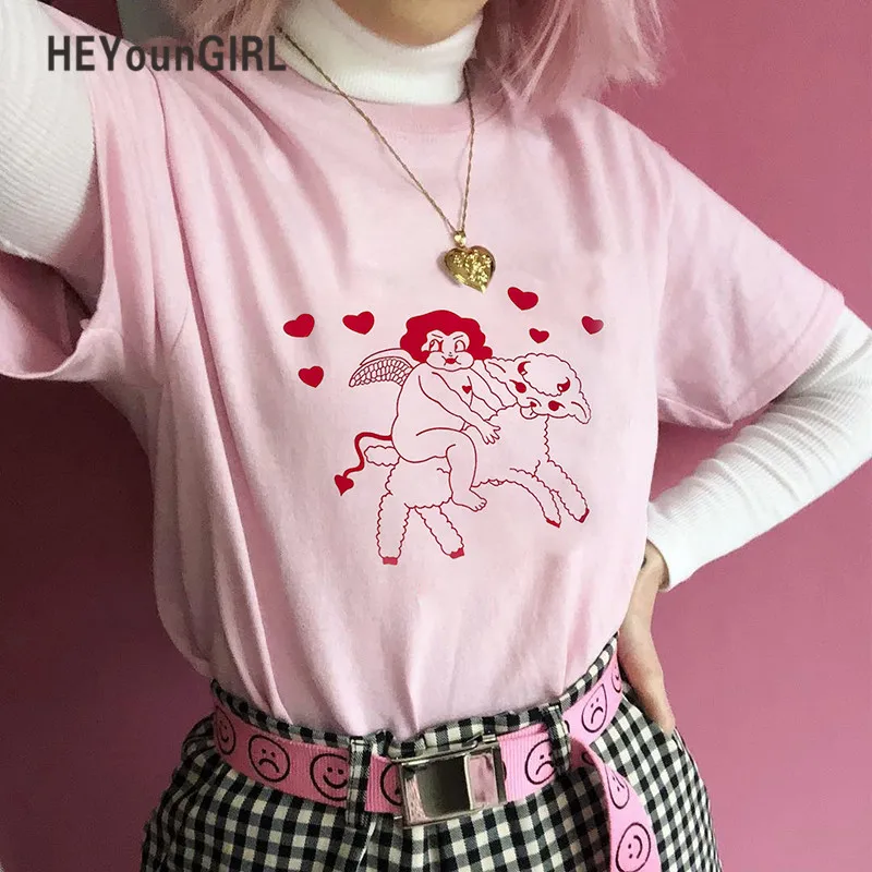 

HEYounGIRL Cartoon Printed Casual Woman Tshirt Top Pink Korean Style Tee Shirt Women Short Sleeve T-shirt Ladies Summer Fashion