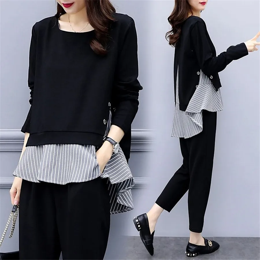 

2019 spring AutumnTwo Piece Set Pant Suits and Top Tracksuit Co-ord Set Black Clothing Large Big Size Tracksuit For Women