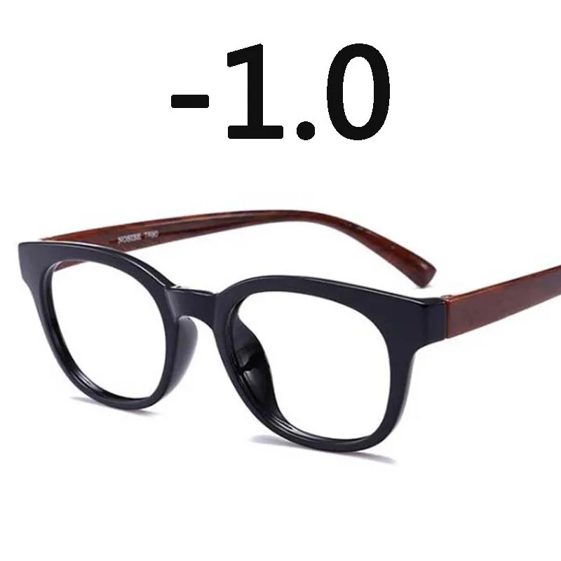 1,0-1,5-2,0-2,5-3,0-3,5-4,0 круглые очки для близорукости женские мужские Ретро TR90 очки для близорукости синяя желтая белая оправа - Цвет оправы: brown wood -1.0