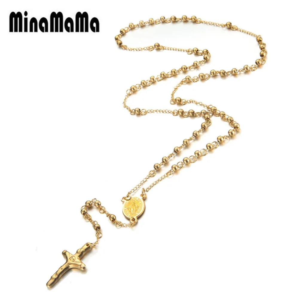 

High quality Stainless Steel Religious Cross Pendant Necklace For Woman Rosary Beads Chain Jesus Cross Pendant Long Necklace
