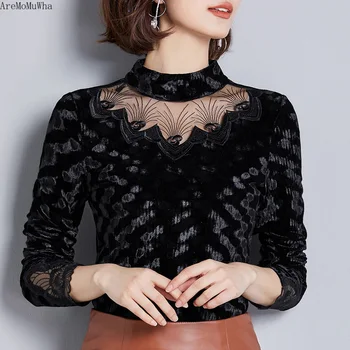 

AreMoMuWha Fashion Gold Velvet Bottoming Shirt Female 2019 Spring and Autumn New Long Sleeves Wearing Openwork Lace Tops QX829