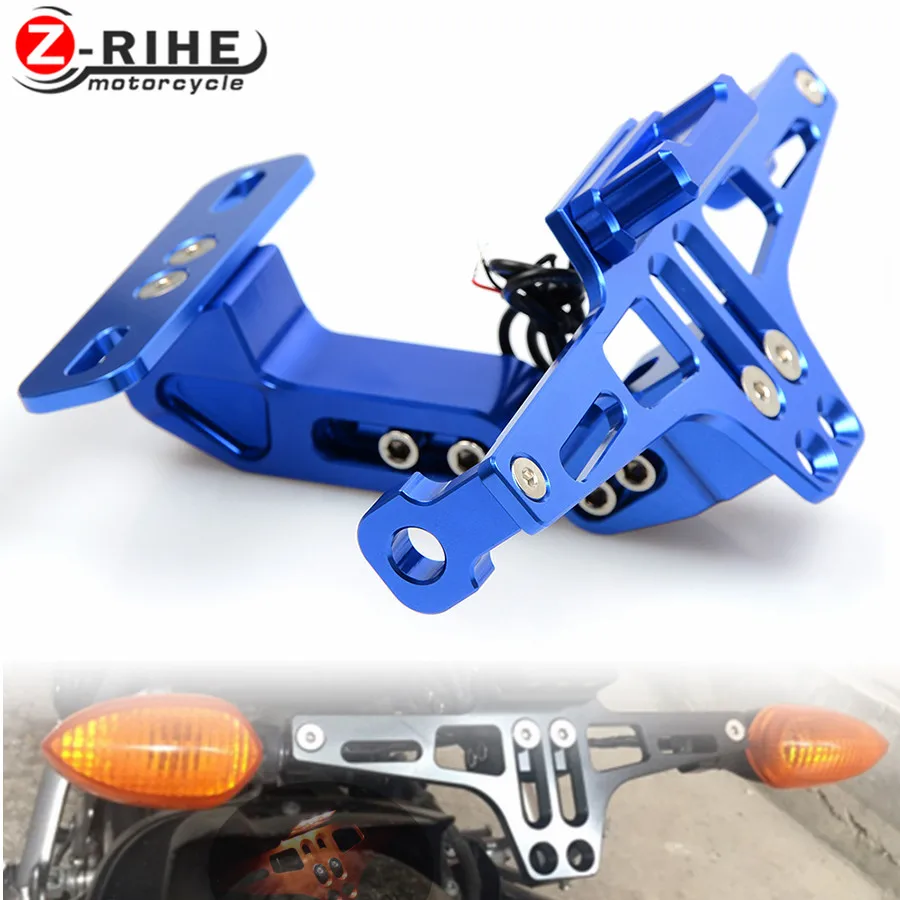 Universal CNC Aluminum Motorcycle Rear License Plate Mount Holder with White LED Light for Honda Kawasaki Yamaha KTM Suzuki BMW