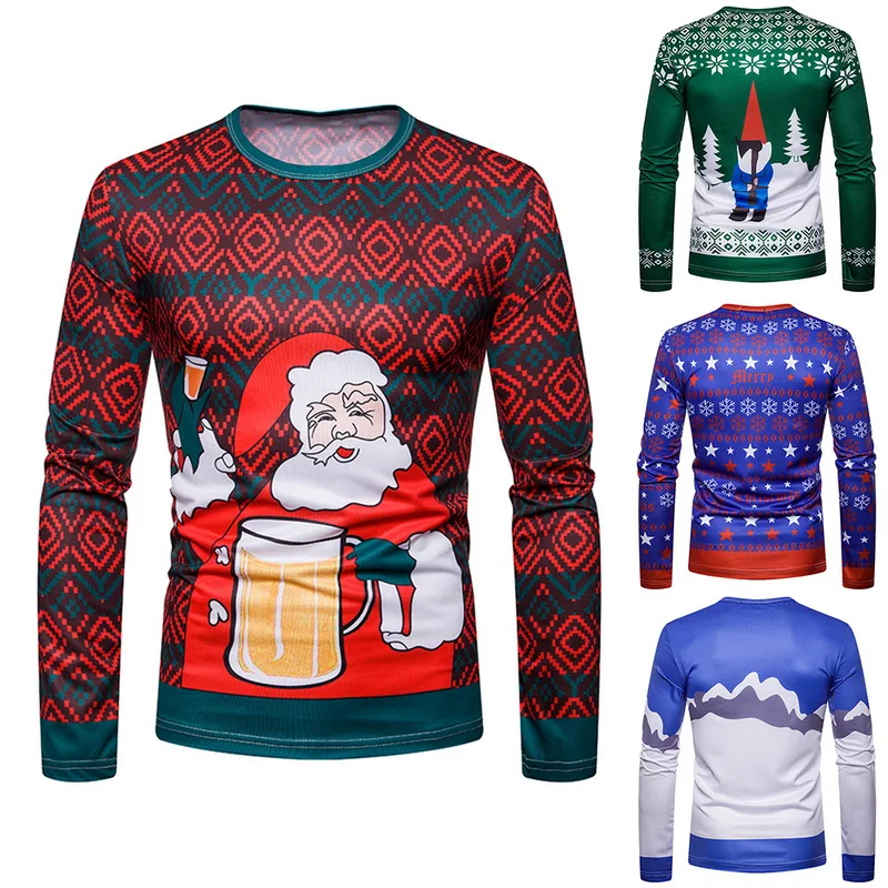 

Happy Christmas Print Men Shirt Full Sleeve O Neck Casual Camisetas Hombre New Tee Tops Streetwear Dot Funny T Shirts Men