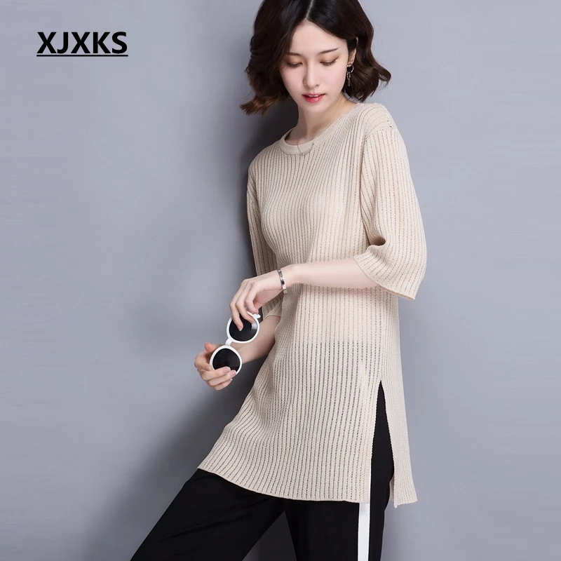

XJXKS Knitwear Summer Sweater Women Thin Ice Silk Long Top Female Half Sleeve Round Neck Hollow Out Solid Pullover