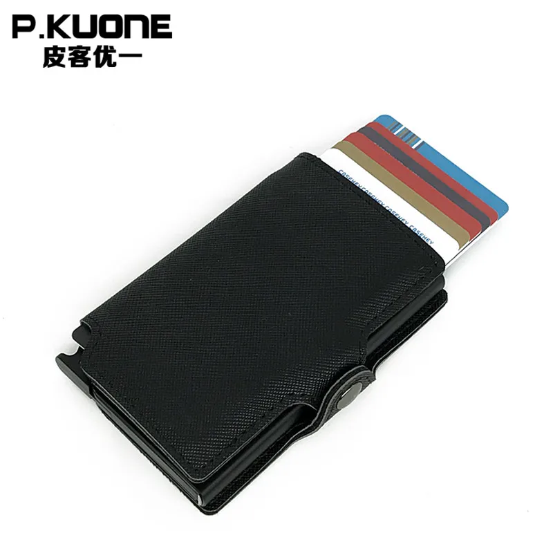 

P.KUONE Antitheft High Quality Metal Men Card Holder RFID Aluminium Credit Card Holder With RFID Blocking Pu Leathe Mini Wallet