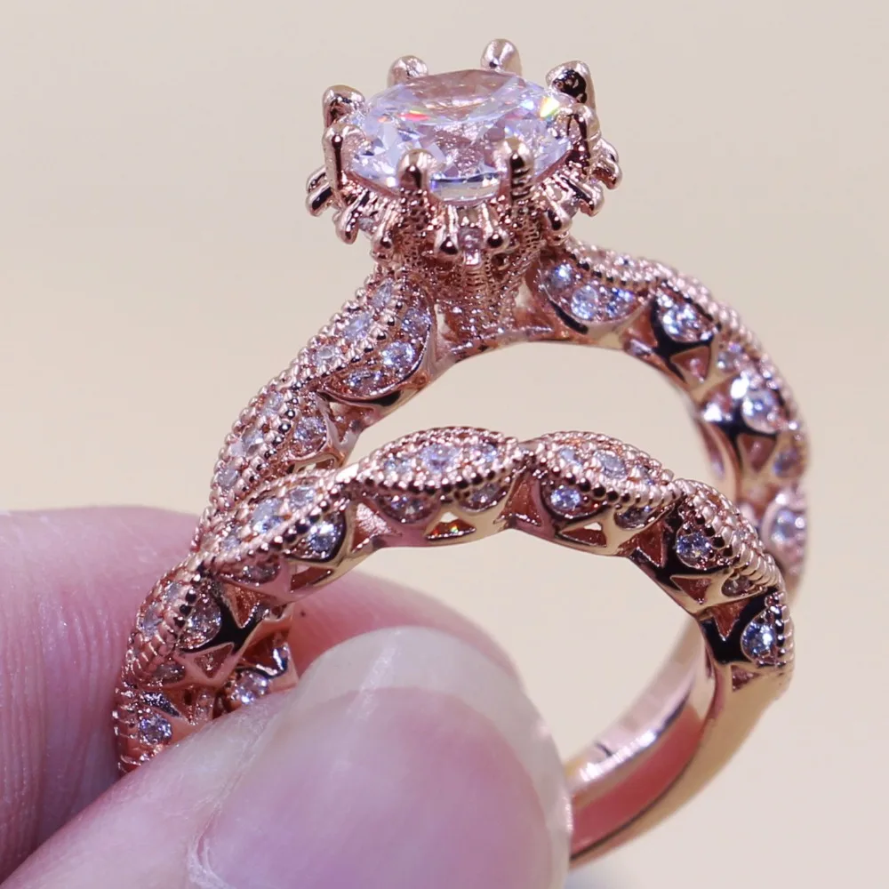 Size5-10 Enternity Couple Rings Luxury Jewelry 925 Sterling Silver&Rose Gold Round Cut 5A Zirconia Party Wedding Bridal Ring Set