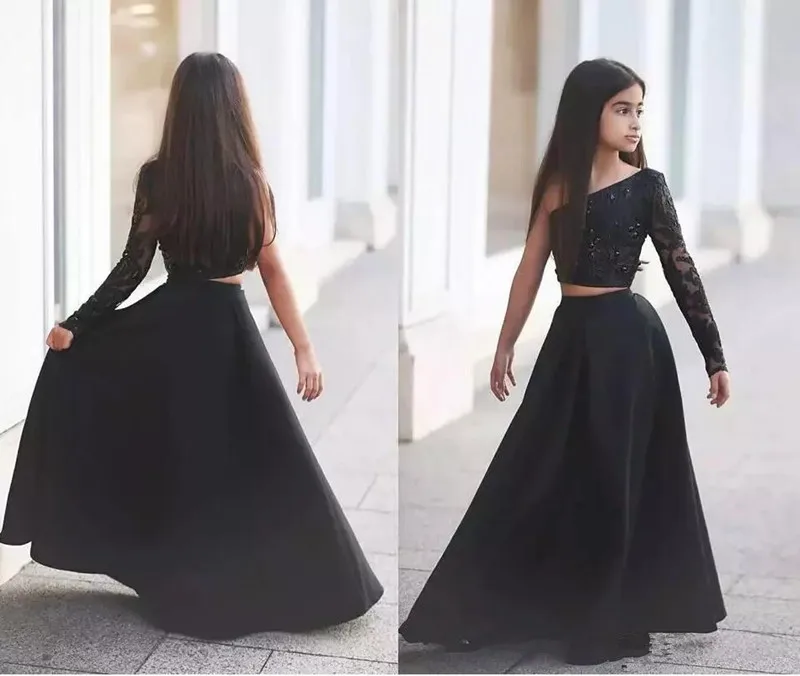 Black Two Pieces Crystal Lace Flower Girl Dresses Long Sleeves Kid Pageant Dresses One Shoulder Kids Formal Wear Birthday Dress Black Two Pieces Crystal Lace Flower Girl Dresses Long Sleeves Kid Pageant Dresses One Shoulder Kids Formal Wear Birthday Dress