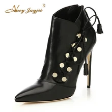 Заклепки золото Для женщин, весна, острый носок, высокий тонкий каблук сапоги upper Boots размера плюс от 4 до 16 лет в стиле человека-модный и честь Nancyjayjii