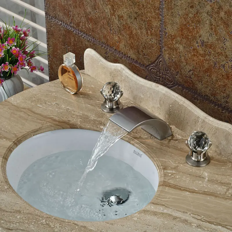 

Uythner Newly Nickel Brushed 3Pcs Basin Faucet Crystal Handles Sink Faucet Mixer Tap Deck Mounted