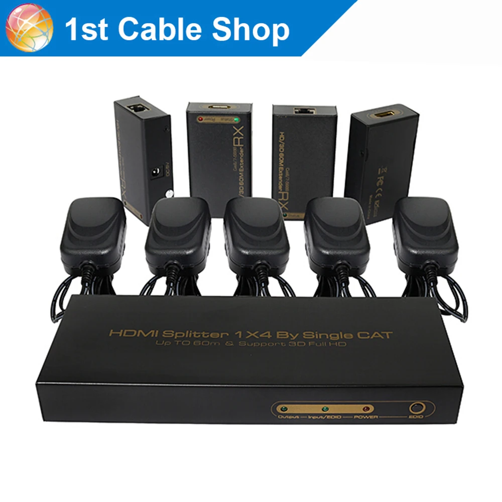 

HDMI Splitter 1X4 extender by cat5e cat6/7 up to 60M 1080P 1 TX and 4 HDMI receivers included