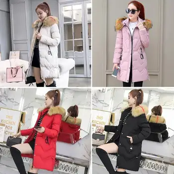 

Winter Women Fur Collar Hooded Long Jacket Slim Fit Zipper Thick Parka Solid Color Outerwear Plus Size Girls Pure Warm Parkas