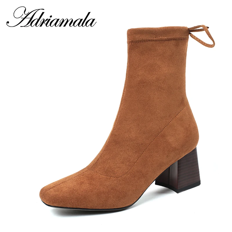 

2018 Flock Ladies High Heel Boots Lace-up Square Toe Spike Heels Sewing New Motorcycle Mid Calf Boots Women Fashion Adriamala