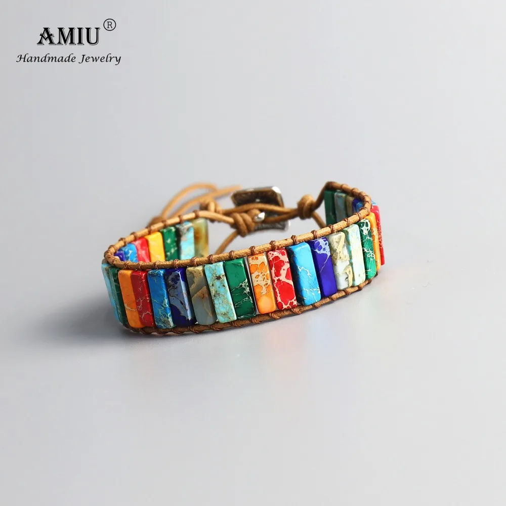 AMIU Handmade 7 Chakra Natural Tube Beads Stone Bracelet Leather Wrap Pierre Naturelle Bangle for Women Men Jewelry Bracelet