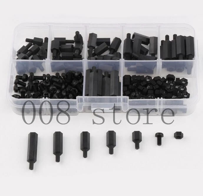 260x M3 Black Nylon Standoff Spacer Hex Screw Nut M-F Assortment Kit Box UK