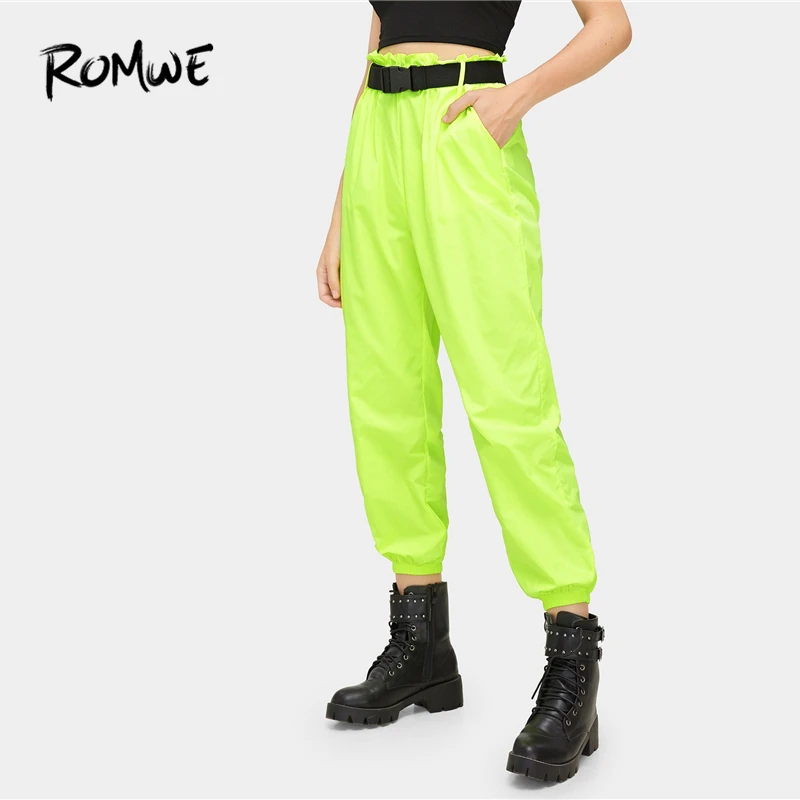 

ROMWE Green Solid Neon Lime Elastic Hem Pants With Push Buckle Belt 2019 Pockets Mid Waist Pants Spring Autumn Long Trousers