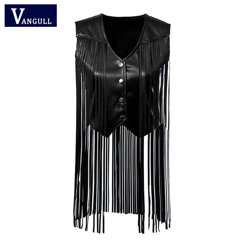 Women Elegant Long Fringe Vest Ladies Black Faux Leather Short Jacket