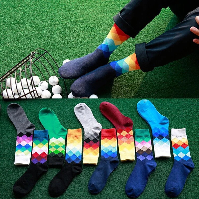 Fashion British Style Colorful Happy Socks Gradient Rhombus Funny Socks