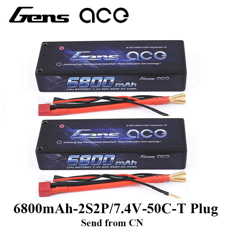 2Pcs Gens ace 2S Lipo Battery 6800mAh 7.4V Batteria Pack 50C Deans Connector for Axial RC Car 1/8 1/10 Hardcase High Discharge