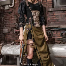 Retro Army Green Steampunk Victorian Bustle Sexy Side Slit Ruffle Hem Striped Long Skirt for Ladies