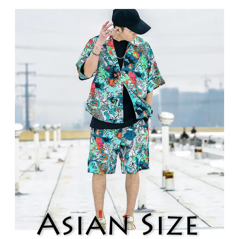 Privathinker, Мужская Уличная одежда Харадзюку, спортивный костюм, лето, короткий рукав, Гавайские винтажные рубашки, комплект из 2 предметов, спортивный костюм, шорты - Цвет: TZ32Green(AsianSize)