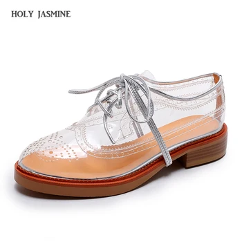 

2018 New spring summer brogue Lace-Up shoes woman transparent color women platform oxfords cut-outs casual shoes plus size 33-41