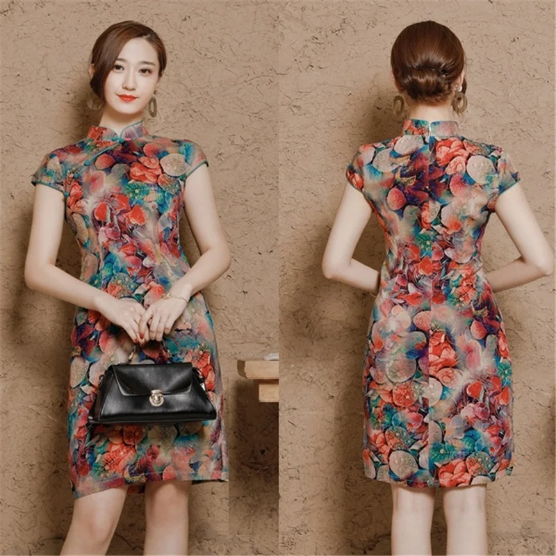 Women Linen Cotton Shanghai Plus Size Cheongsam Qipao Dresses XXXL 4XL 5XL Summer Short Chinese Traditional Printing Elegant  (11)
